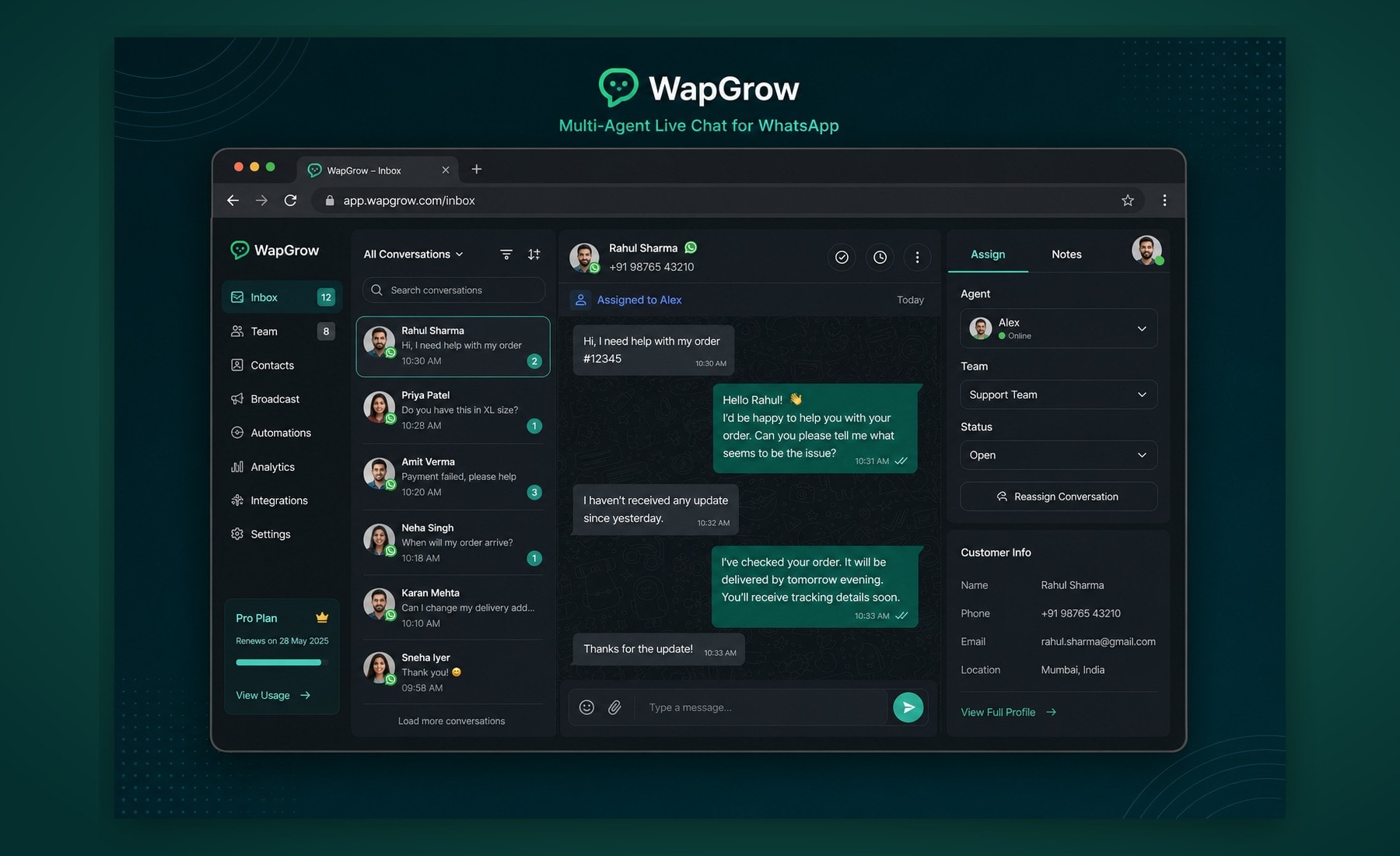 WapGrow multi-agent live chat dashboard